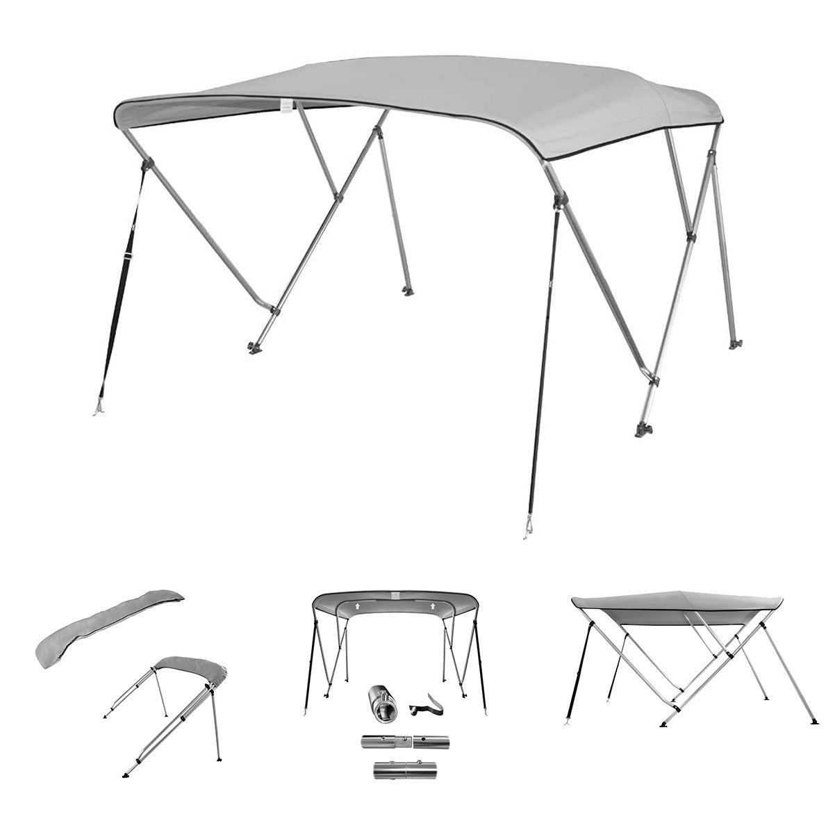 3 Bow Bimini Top Gray with Rear Support Poles - Leader Covers