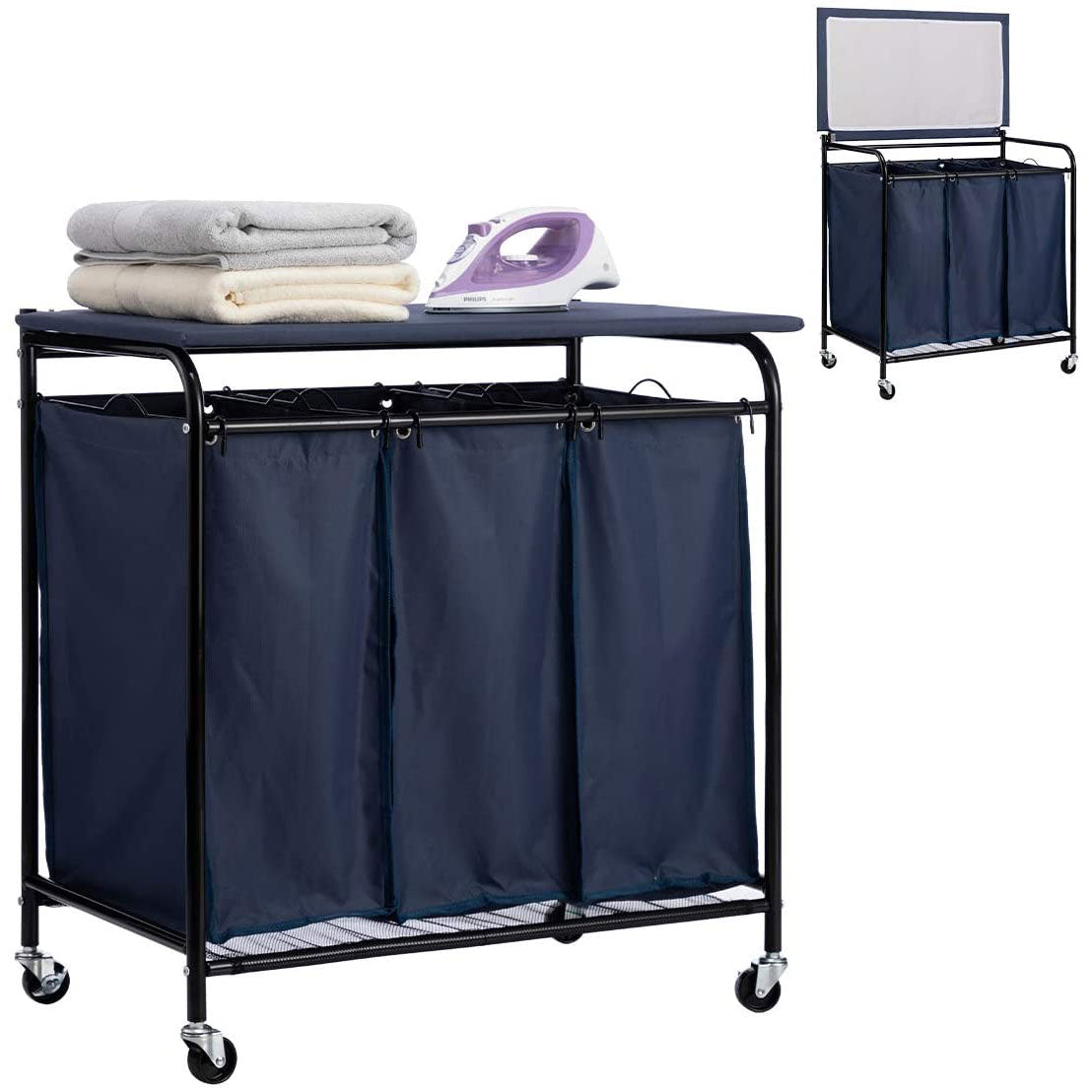 Laundry Sorter Cart 3-Bag Heavy-Duty with Ironing Board